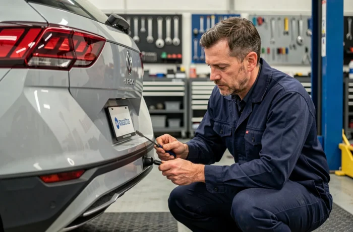 Technicien automobile installant une caméra de recul sur une Volkswagen T-Roc 2026 dans un atelier professionnel