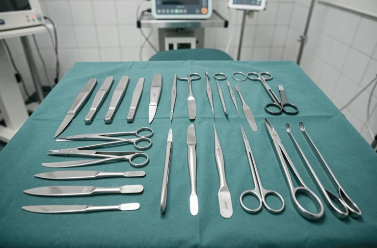 Plateau d'instruments chirurgicaux stériles disposés sur un champ opératoire teal en salle d'opération