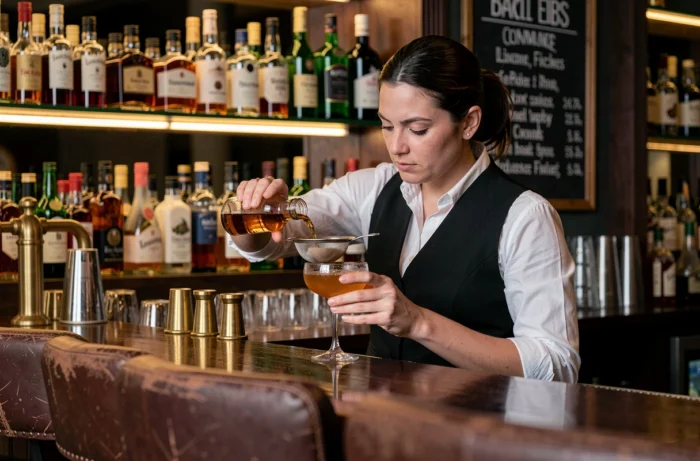 Barmaid versant un cocktail ambré dans un bar élégant au décor en bois sombre et étagères de spiritueux