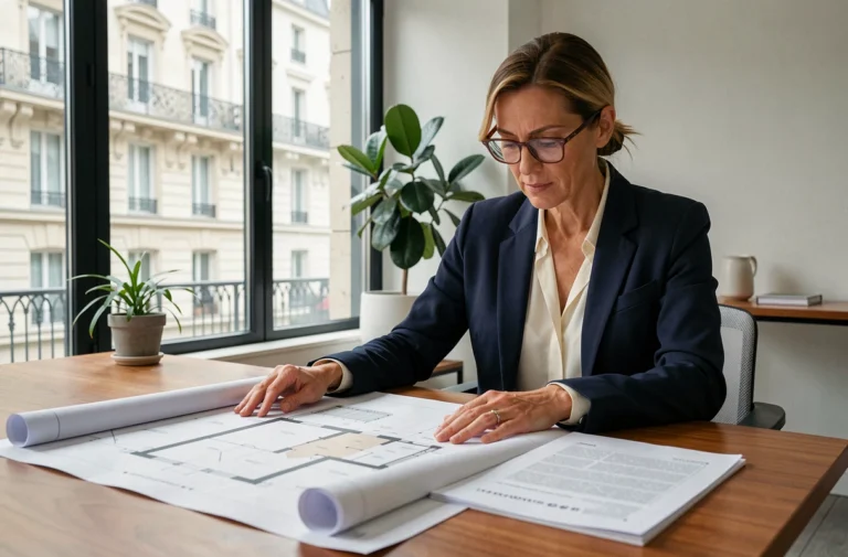 Femme professionnelle de l'immobilier analysant des plans et documents dans une agence moderne à Paris