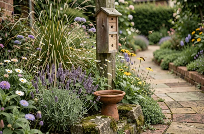 Coin de jardin écologique avec fleurs sauvages, hôtel à insectes en bois et bain d'oiseaux en céramique entouré de plantes mellifères