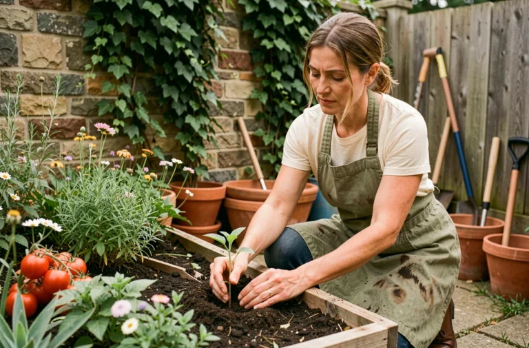 Femme jardinant dans un potager surélevé en bois entouré d'herbes aromatiques et de fleurs sauvages dans un jardin naturel écologique