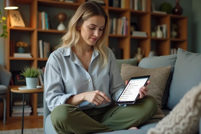 Jeune femme consultant des alternatives aux annuaires en ligne sur une tablette depuis son bureau à domicile