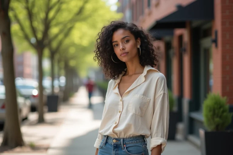 Jeune femme métisse aux cheveux bouclés dans une tenue décontractée, photographiée en plein air dans un quartier urbain arboré, illustrant un portrait éditorial naturel