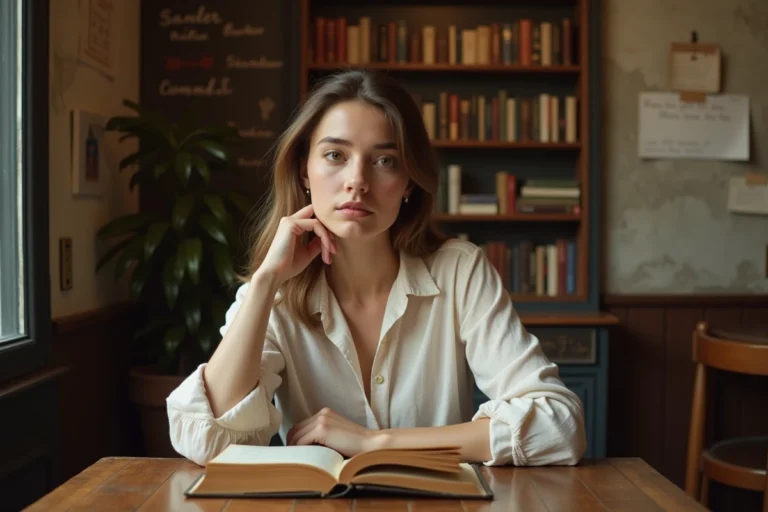 Jeune femme française consultant un livre de prénoms anciens dans un café parisien typique