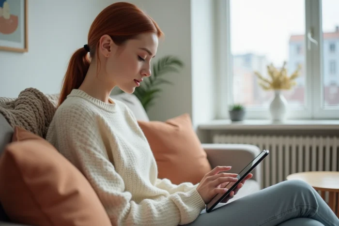 Jeune femme consultant un moteur de recherche respectueux de la vie privée sur une tablette dans un salon minimaliste