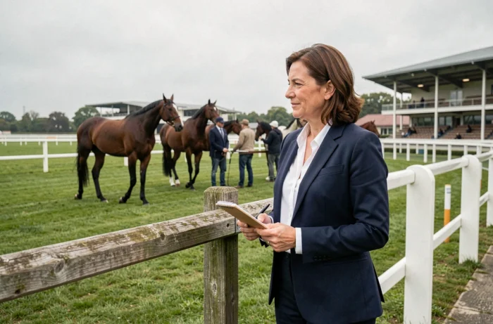 Journaliste prenant des notes dans un hippodrome français avant la course quinté