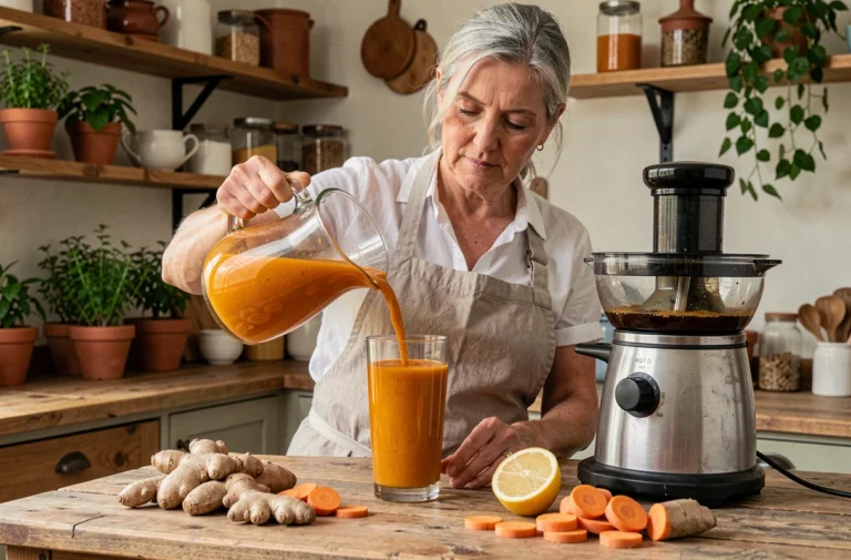 Femme préparant un jus anti-inflammatoire au curcuma et à la carotte dans une cuisine naturelle en bois