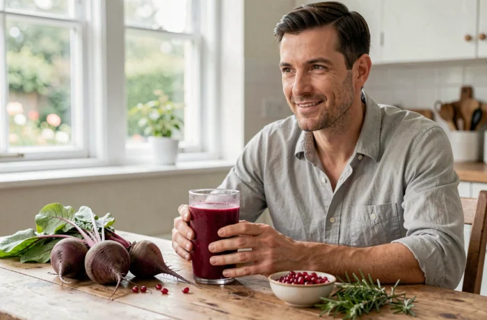 Homme tenant un verre de jus de betterave et gingembre anti-inflammatoire fait maison à table