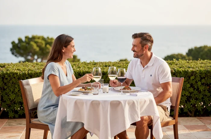 Couple élégant dînant en terrasse dans un hôtel quatre étoiles Kappa Club avec vue sur la mer