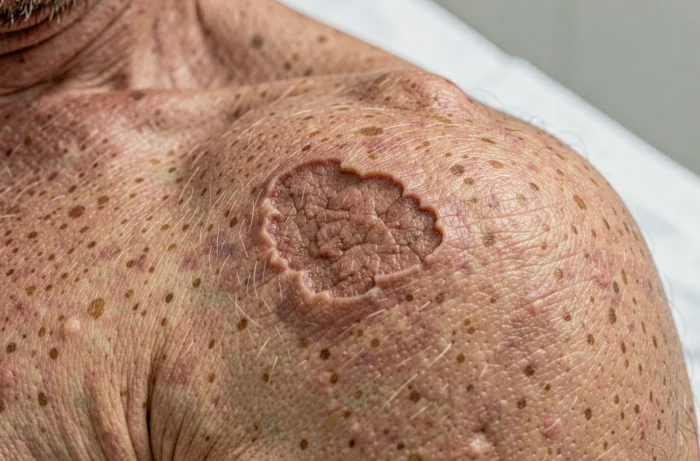 Gros plan d'une lésion cutanée suspecte sur l'épaule montrant les signes visuels d'un carcinome basocellulaire
