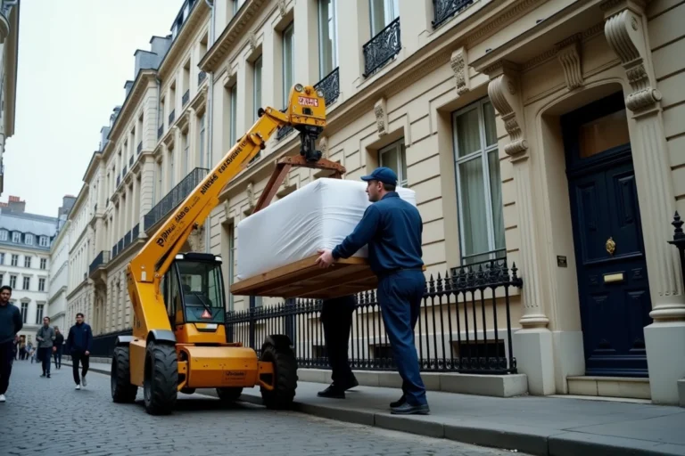 Équipe de déménagement utilisant un lift hydraulique jaune sur une façade de maison de ville bruxelloise en pierre grise