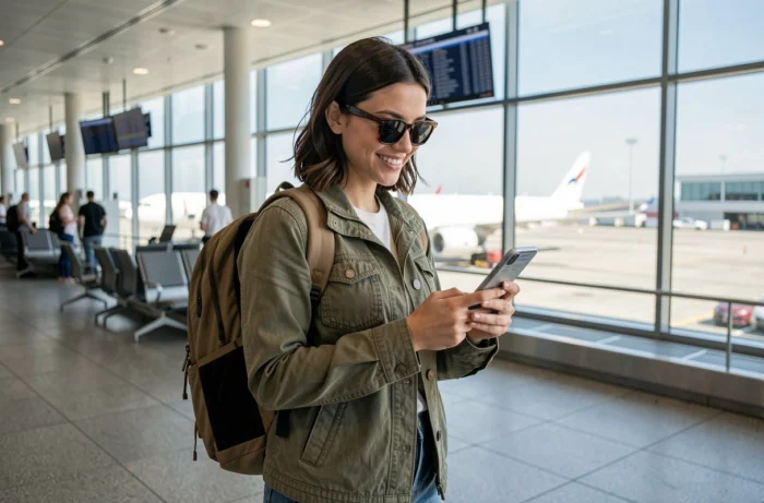 Jeune femme à l'aéroport avec sa carte d'embarquement, partant pour une destination Lookéa TUI