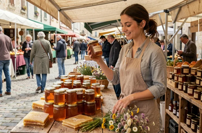 Jeune femme présentant des pots de miel artisanal local sur un étal de marché provençal, illustrant l'économie apicole et le lien entre les hommes et les abeilles