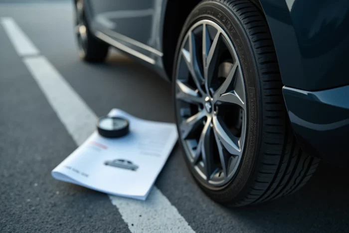 Gros plan sur les marquages de flanc d'un pneu de Seat Ibiza avec un manomètre et le manuel du véhicule posés au sol
