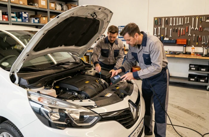 Deux mécaniciens Renault utilisant un outil de diagnostic sur le moteur d'une voiture dans un atelier