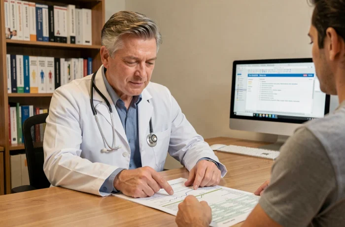 Médecin expliquant des résultats d'analyses urinaires à un patient en consultation postopératoire