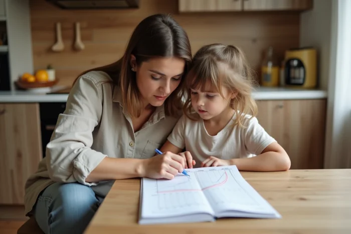 Mère et fille consultant une courbe de croissance poids-âge dans un environnement domestique chaleureux