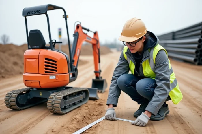 Conductrice de travaux mesurant la largeur des chenilles d'une mini pelle sur un chantier de terrassement