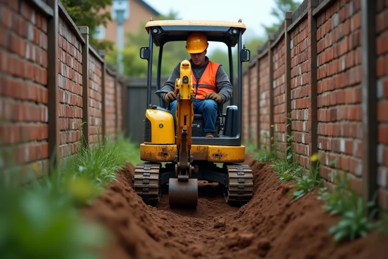 Mini pelle compacte travaillant dans un couloir étroit entre deux murs en brique lors de travaux de terrassement résidentiel