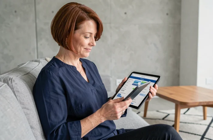 Femme utilisant une tablette pour naviguer dans un plan de site sur un canapé gris dans un salon moderne
