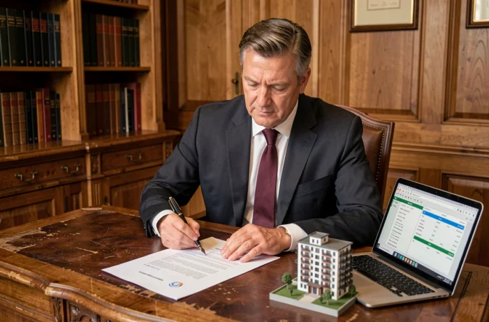 Notaire signant un acte de vente immobilier dans un office notarial traditionnel français