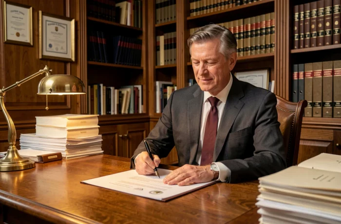 Notaire français signant un acte de vente immobilière dans un office notarial traditionnel, illustrant les transactions du marché immobilier