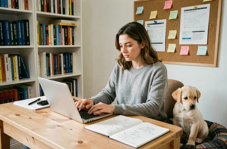 Femme organisant le contenu d'un site d'éducation canine sur son ordinateur portable dans un bureau à domicile, avec un chiot Labrador assis à côté d'elle