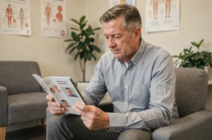 Patient dans une salle d'attente dermatologique consultant des informations sur le cancer de la peau sur une tablette