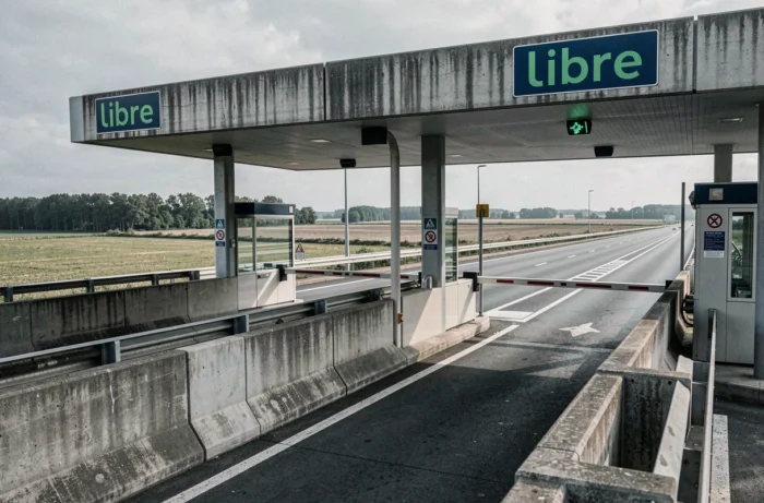 Vue en plongée d'un péage d'autoroute français avec barrières ouvertes et panneaux indiquant voies libres