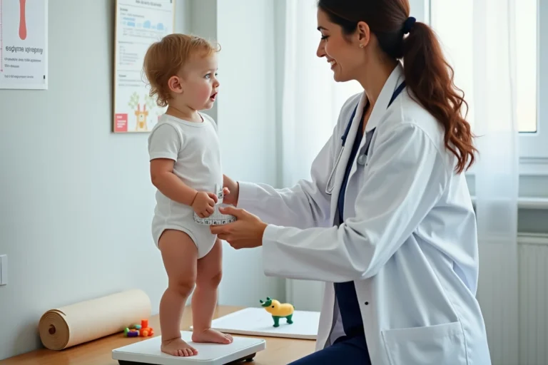 Pédiatre pesant un enfant en bas âge sur une balance médicale lors d'une consultation de suivi de croissance