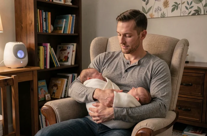 Père tenant son nouveau-né endormi dans un rocking chair dans une nursery organisée avec machine à bruit blanc