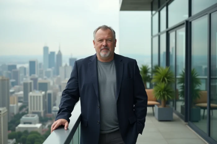 Portrait éditorial d'un dirigeant technologique en blazer marine sur la terrasse d'un penthouse avec vue sur la ville