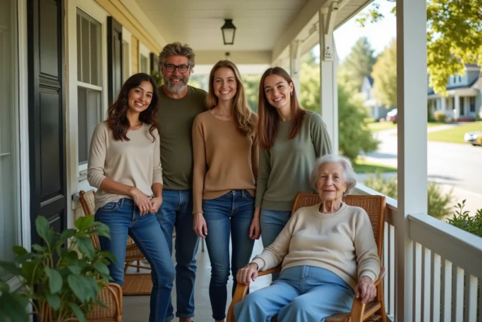 Portrait de famille multigénérationnelle réunie sur le porche d'une maison de banlieue, illustrant les liens familiaux et la diversité ethnique dans un contexte chaleureux et authentique