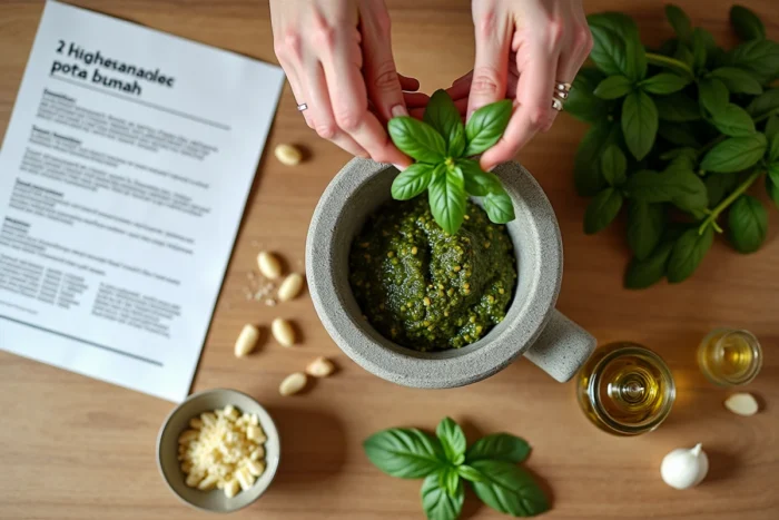 Préparation artisanale de pesto avec du basilic frais et une fiche d'information sur la toxoplasmose pendant la grossesse