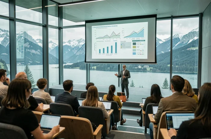 Professeur donnant un cours magistral dans un amphithéâtre moderne d'une université suisse avec vue sur un lac alpin