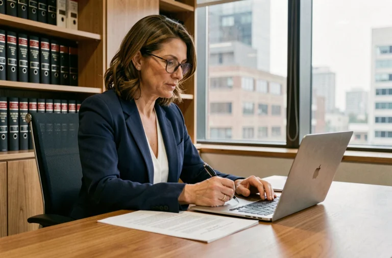 Professionnelle en blazer navy révisant des mentions légales sur un ordinateur portable dans un bureau moderne avec des étagères remplies de classeurs juridiques