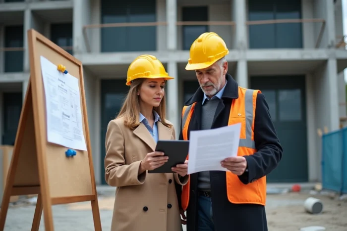 Deux professionnels de l'immobilier en visite de chantier consultant des documents de gestion de projet