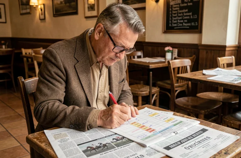 Homme en veste de tweed annotant les pronostics quinté du jour dans un café français