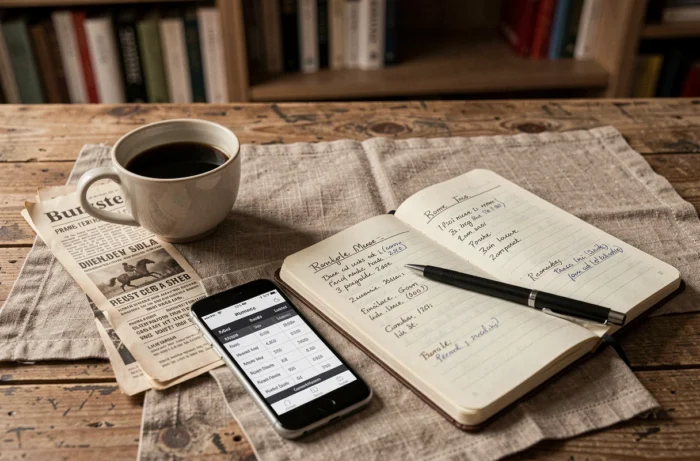 Nature morte de pronostics quinté avec programme hippique, café et notes manuscrites sur un bureau
