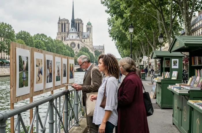 Groupe de visiteurs parcourant des œuvres d'art sur les quais de la Seine à Paris avec Notre-Dame en arrière-plan