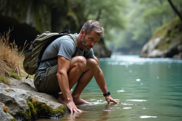 Homme observant la qualité de l'eau de la rivière Vis dans un canyon isolé, évaluant les conditions de baignade en 2026