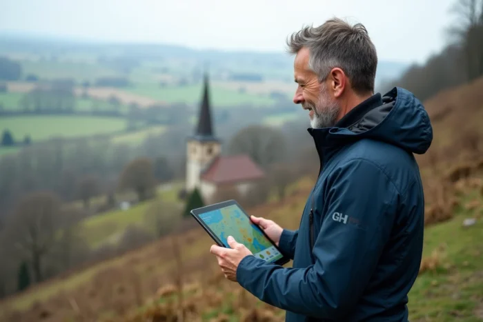 Randonneur consultant la carte Géoportail sur tablette avec légende des couleurs en pleine nature