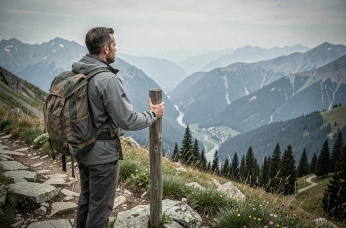 Randonneur avec sac à dos contemplant une vallée alpine depuis un sentier de montagne