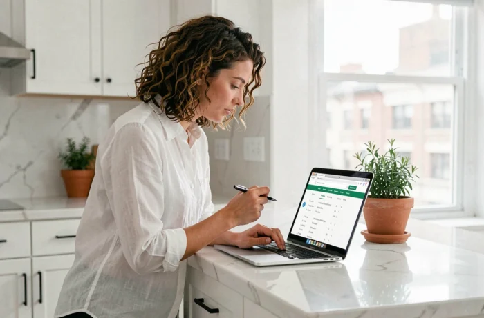 Jeune femme debout dans une cuisine moderne consultant un plan de site sur un ordinateur portable ouvert