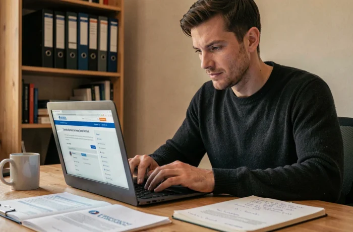 Homme vérifiant le statut d'une entreprise sur un registre officiel en ligne depuis son bureau à domicile