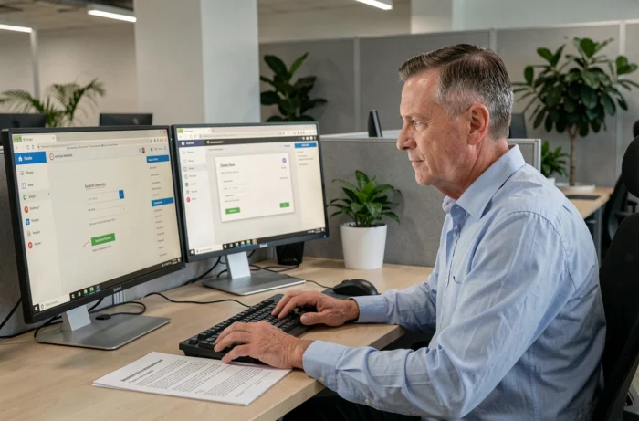 Homme d'affaires récupérant l'accès à son compte email Numericable sur un poste de travail professionnel