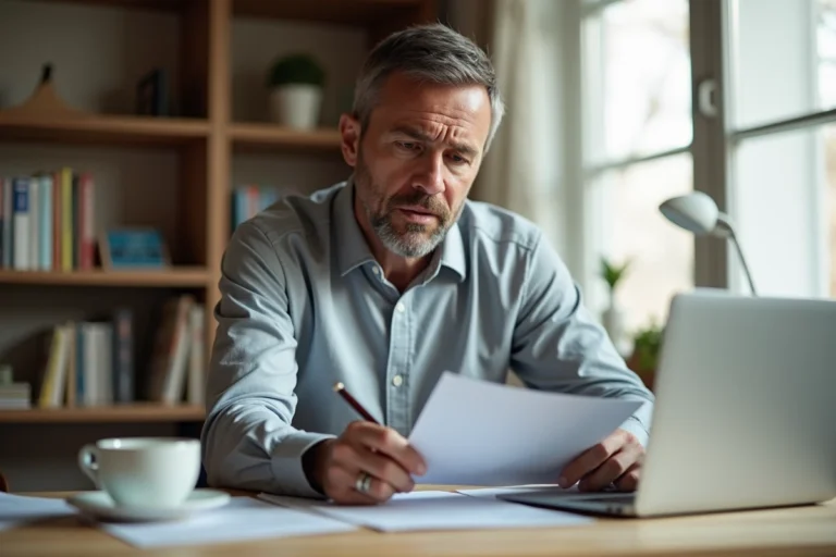 Homme consultant des documents officiels sur la récupération de points de permis de conduire à son bureau à domicile