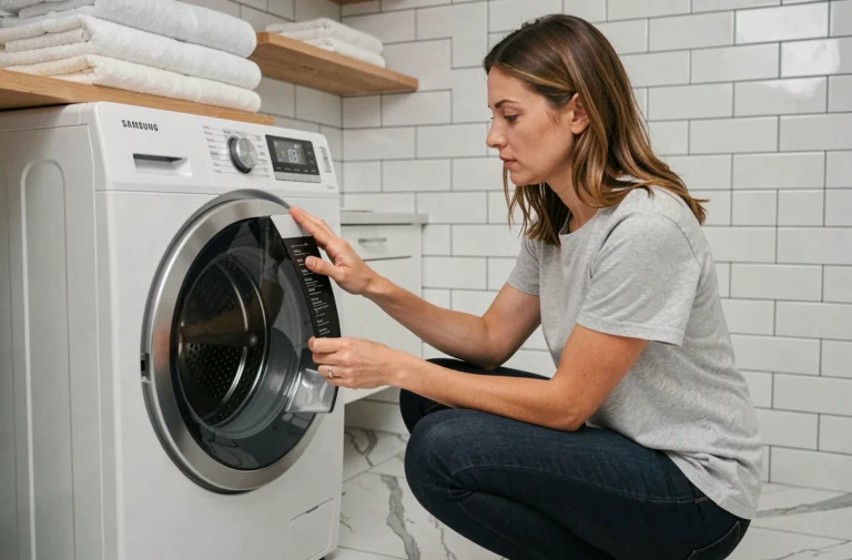 Femme appuyant sur les boutons d'une machine à laver Samsung Eco Bubble pour effectuer une réinitialisation