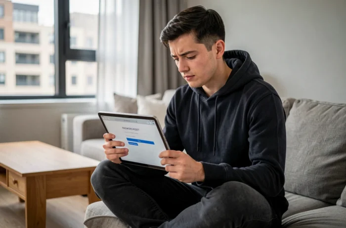 Jeune adulte réinitialisant le mot de passe de son webmail Numericable sur une tablette dans un salon moderne
